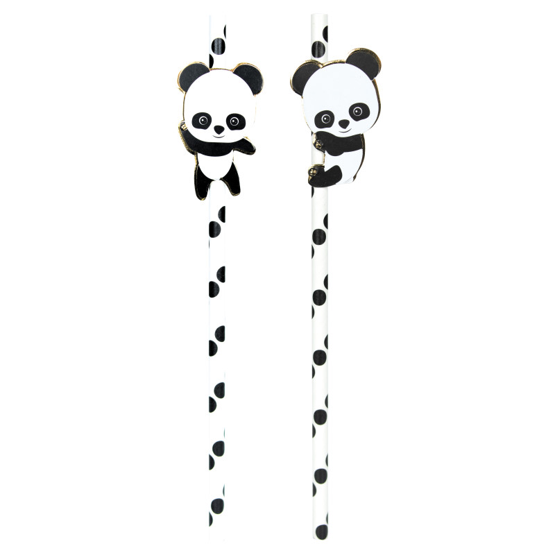 SET 10 PAILLES BLANCHES POIS NOIRS BABY PANDA