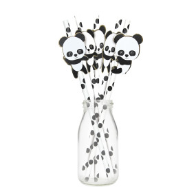 SET 10 PAILLES BLANCHES POIS NOIRS BABY PANDA